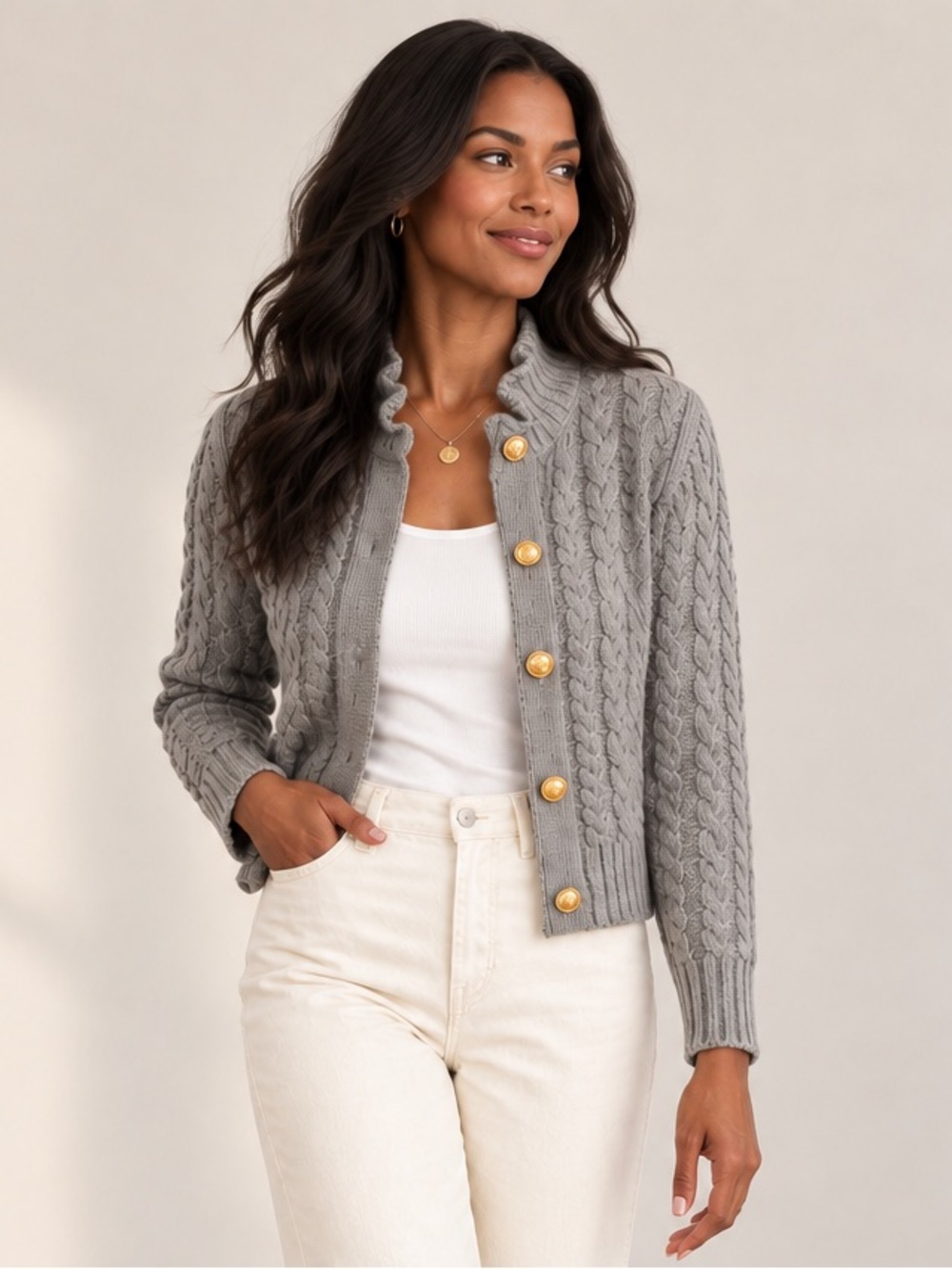 J. Crew Gray Cable-Knit Cardigan with Gold Buttons